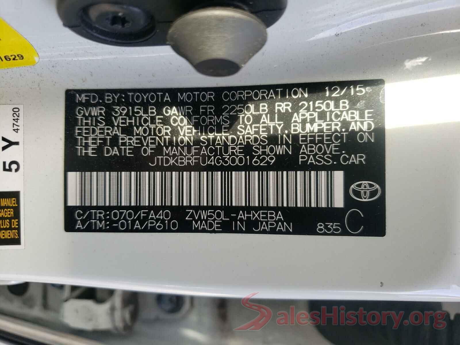 JTDKBRFU4G3001629 2016 TOYOTA PRIUS