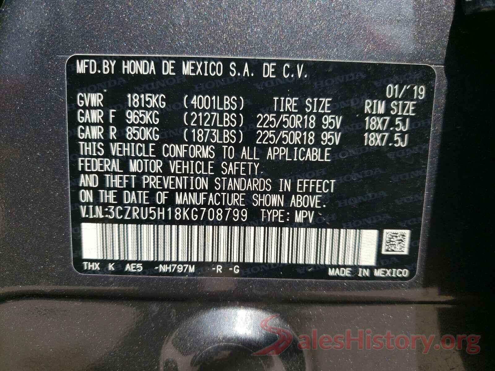 3CZRU5H18KG708799 2019 HONDA HR-V