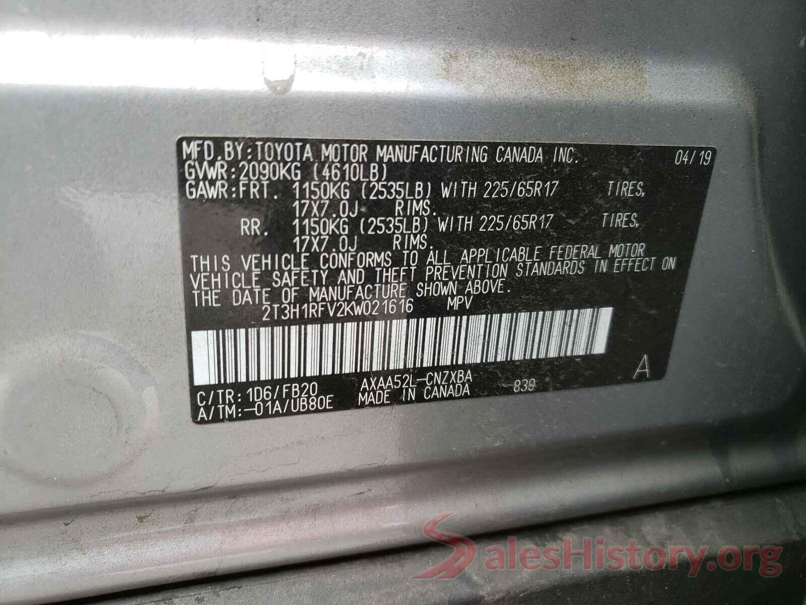 2T3H1RFV2KW021616 2019 TOYOTA RAV4