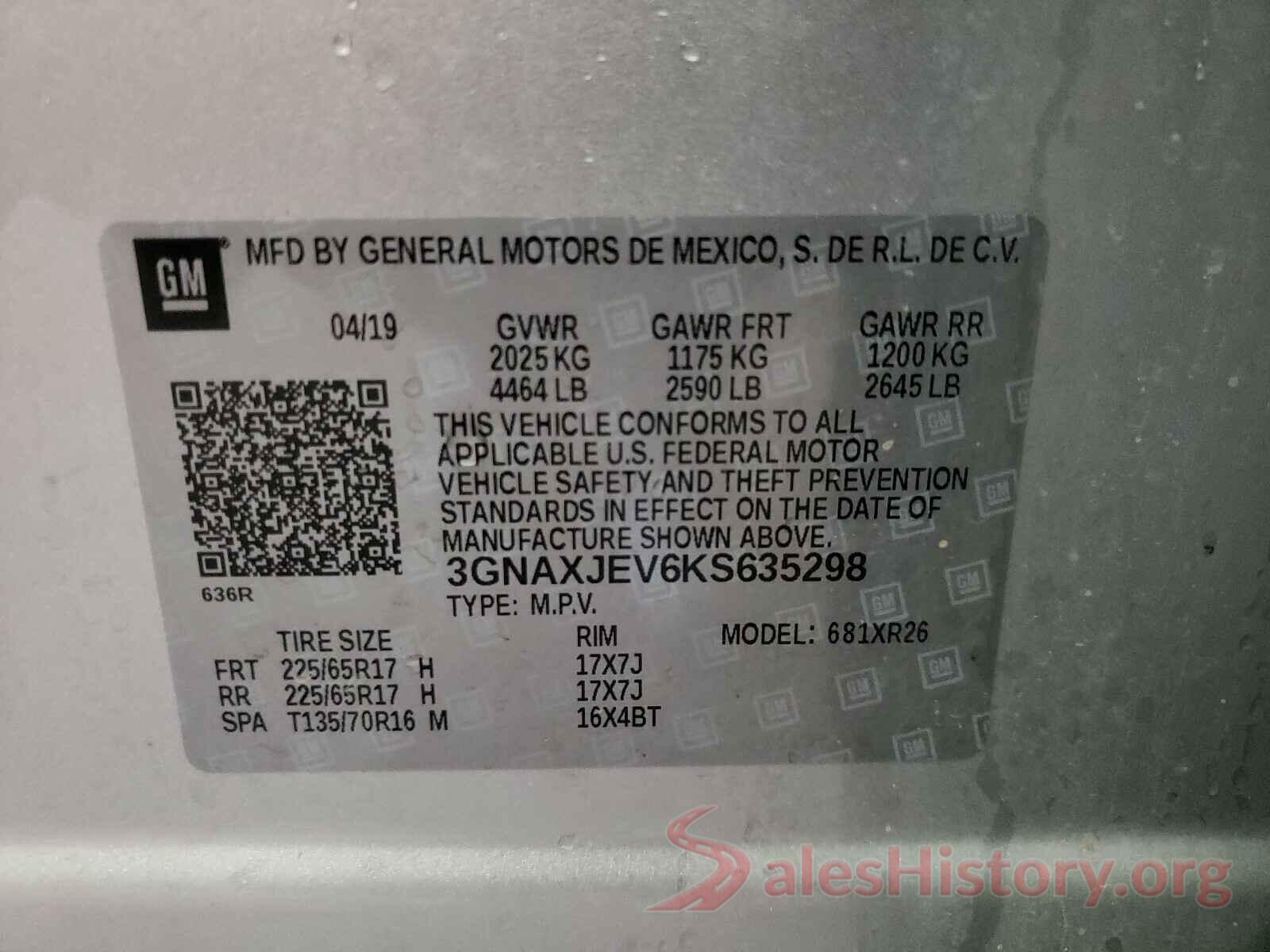 3GNAXJEV6KS635298 2019 CHEVROLET EQUINOX