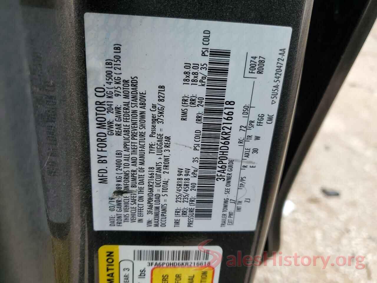 3FA6P0HD6KR216618 2019 FORD FUSION