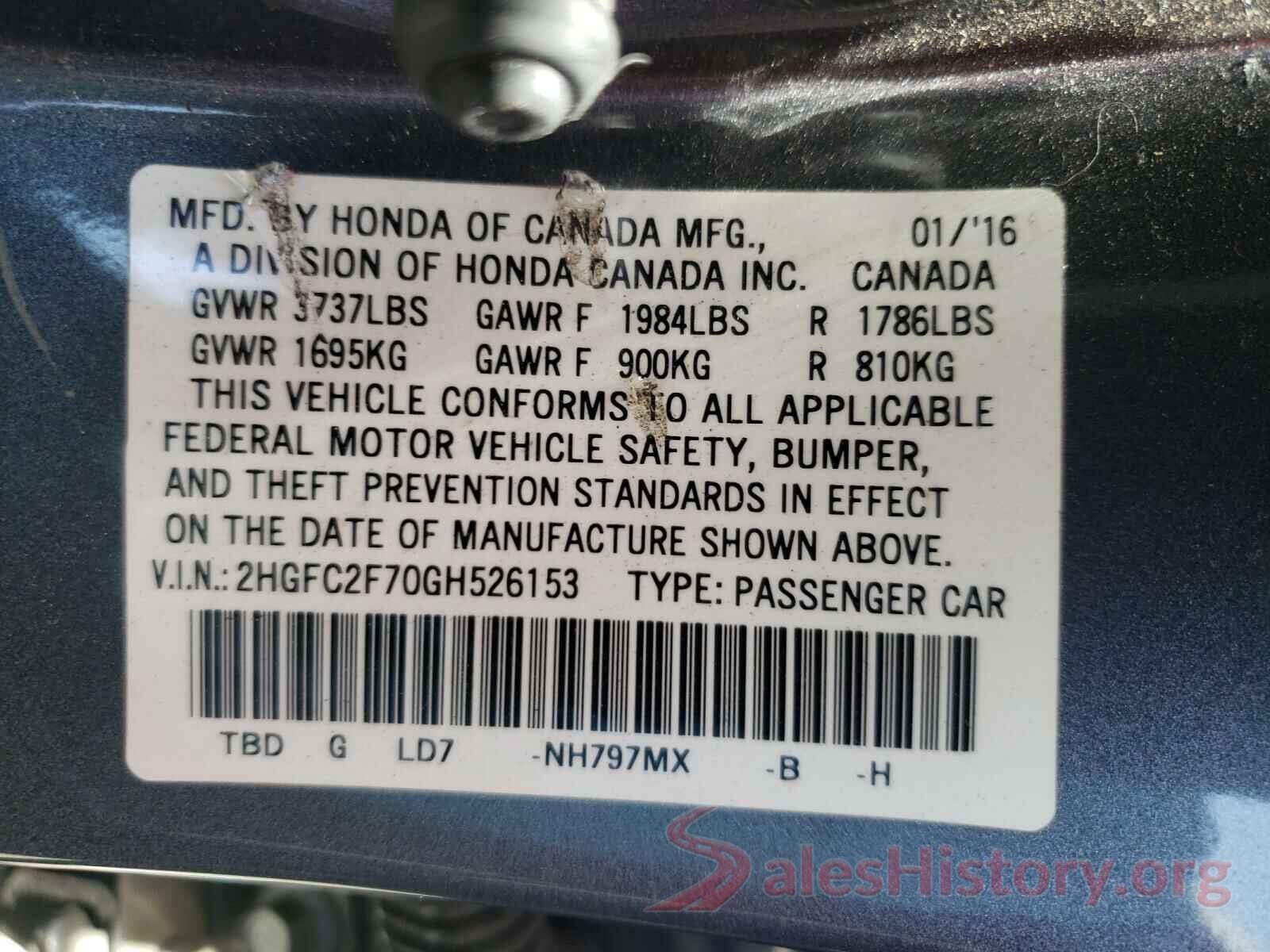 2HGFC2F70GH526153 2016 HONDA CIVIC