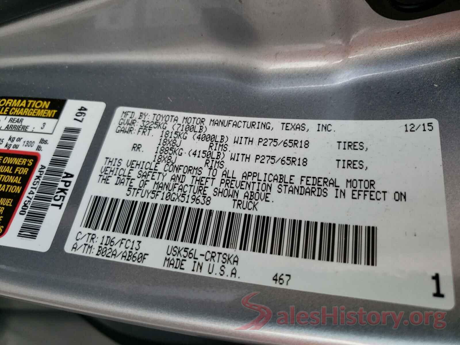 5TFUY5F10GX519638 2016 TOYOTA TUNDRA