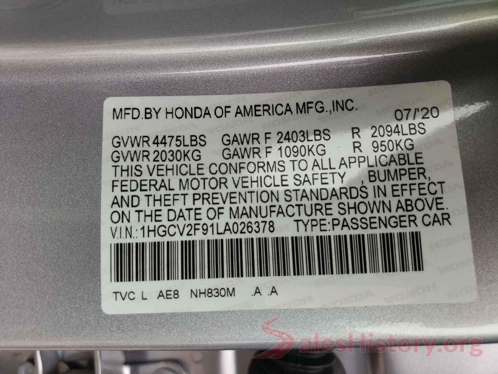 1HGCV2F91LA026378 2020 HONDA ACCORD