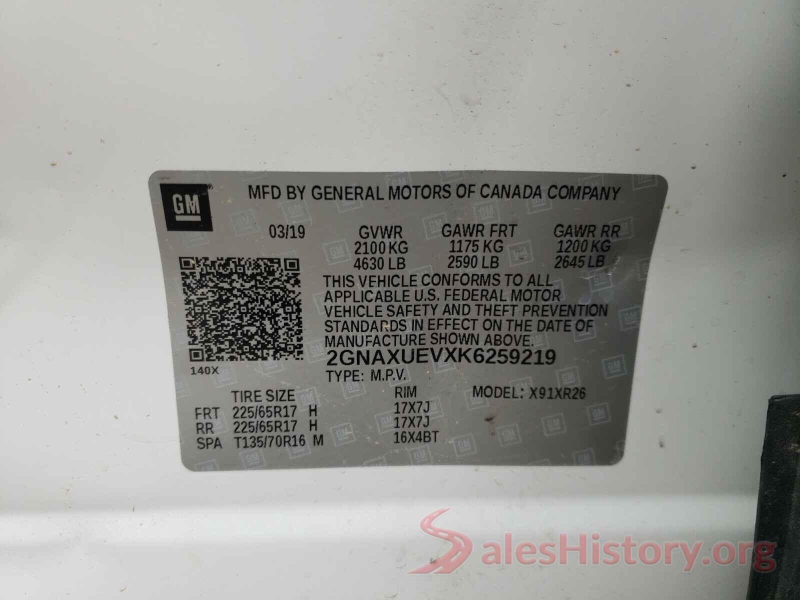 2GNAXUEVXK6259219 2019 CHEVROLET EQUINOX