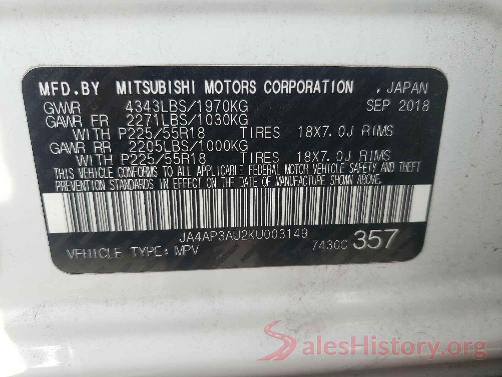 JA4AP3AU2KU003149 2019 MITSUBISHI OUTLANDER