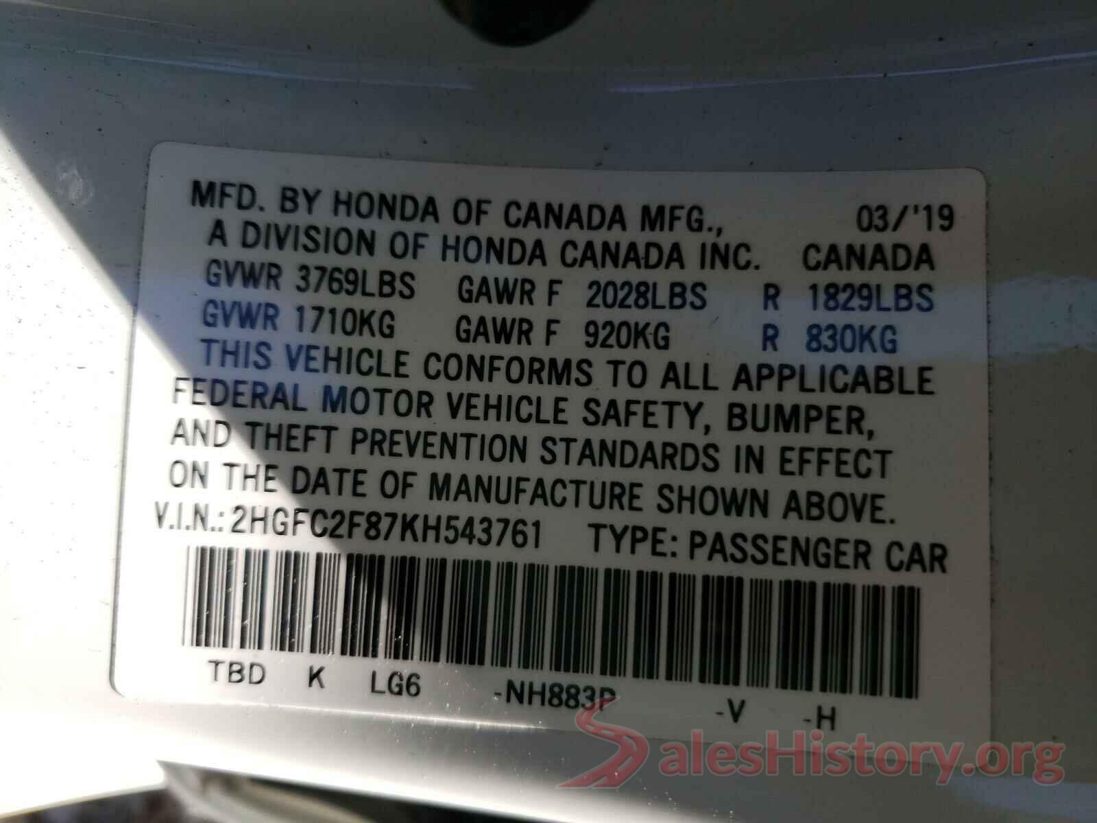 2HGFC2F87KH543761 2019 HONDA CIVIC