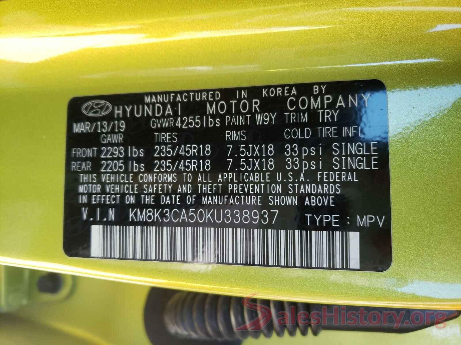 KM8K3CA50KU338937 2019 HYUNDAI KONA