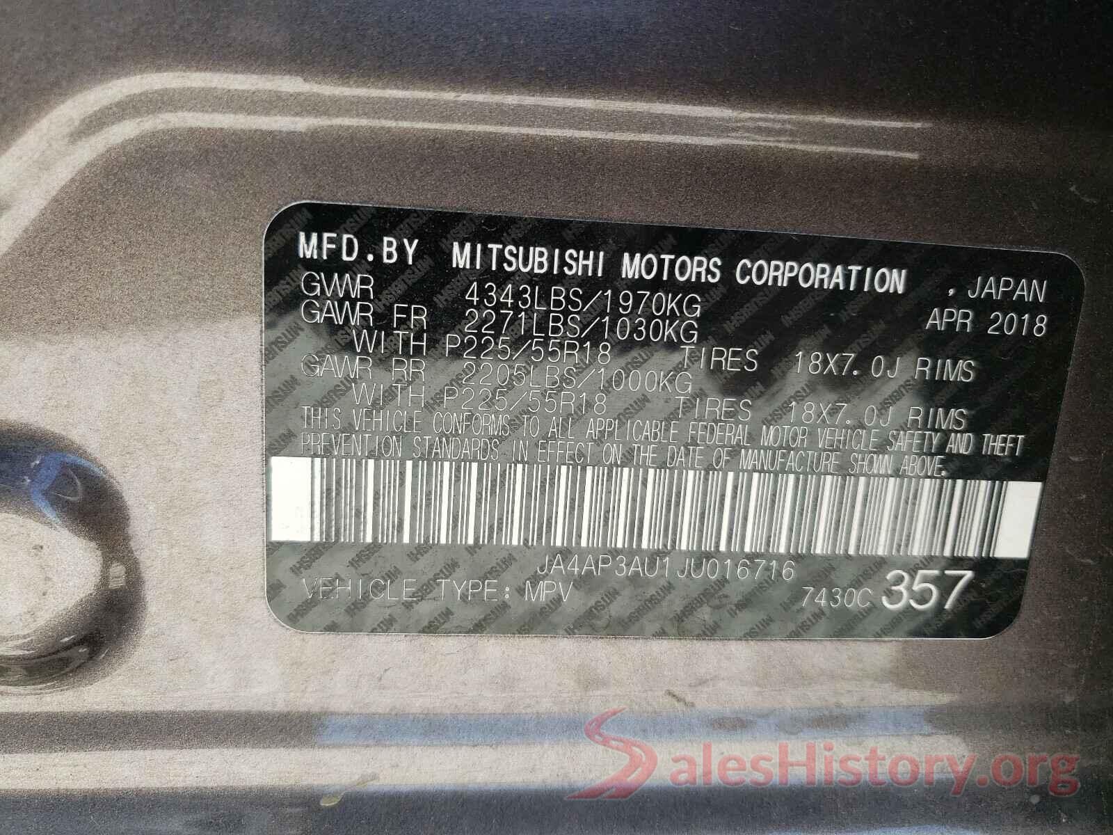 JA4AP3AU1JU016716 2018 MITSUBISHI OUTLANDER