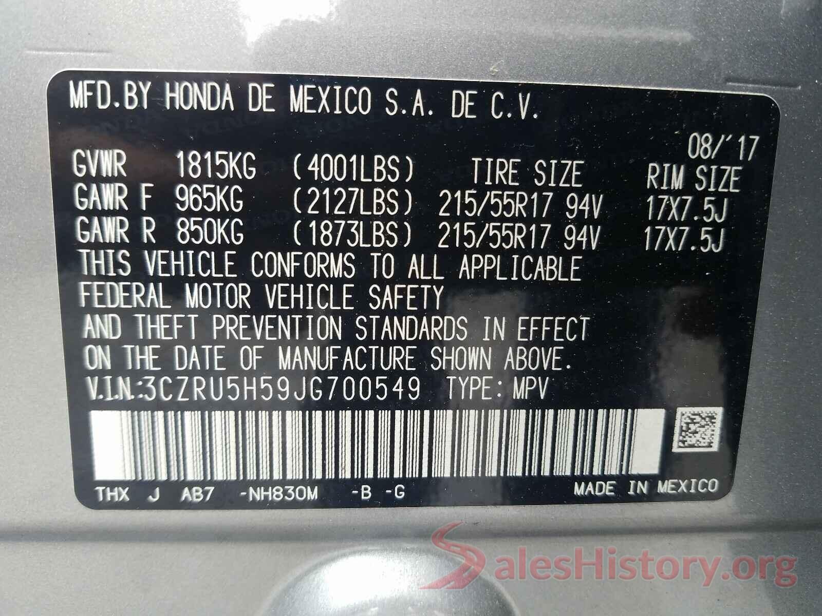 3CZRU5H59JG700549 2018 HONDA HR-V