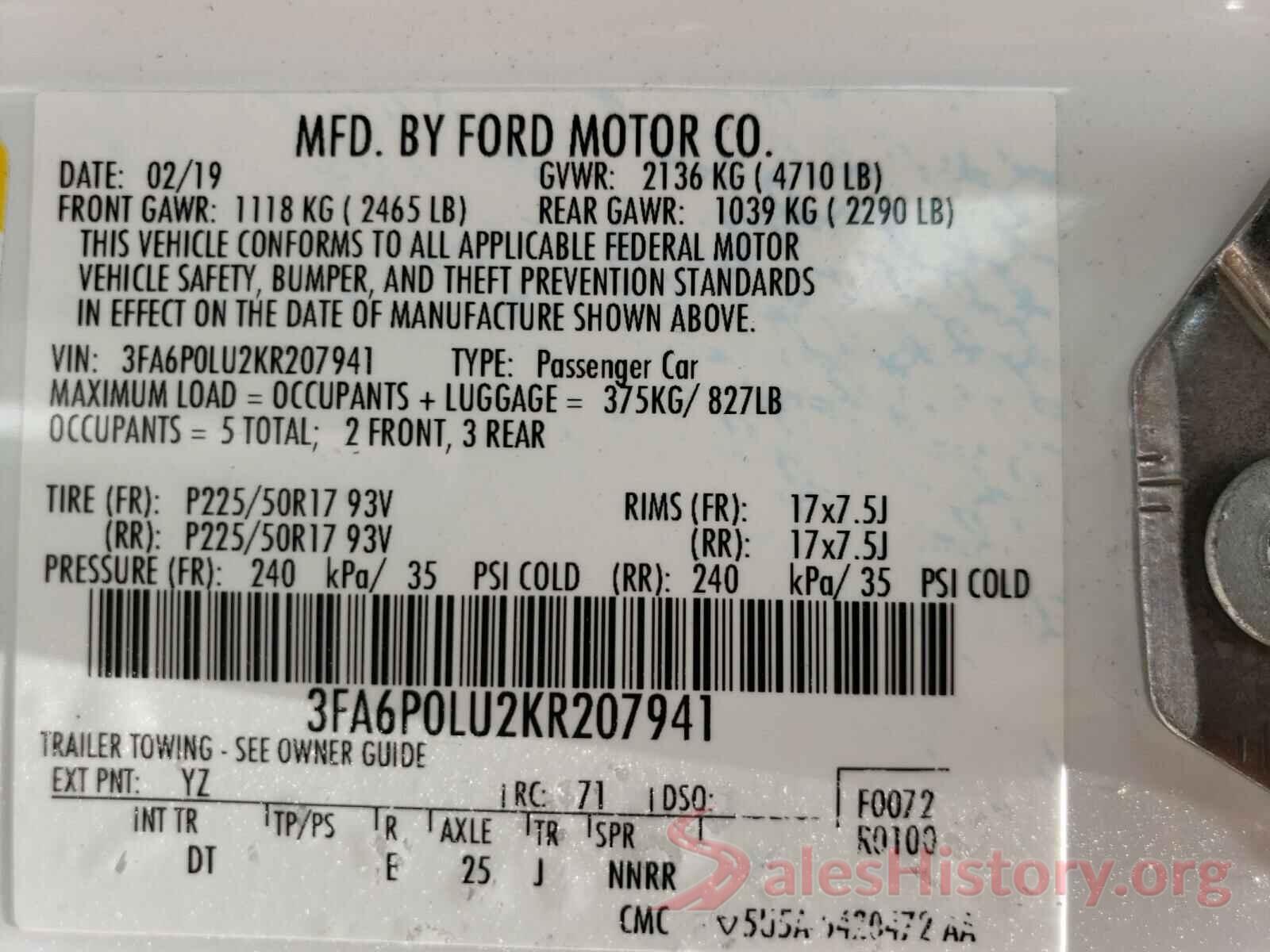 3FA6P0LU2KR207941 2019 FORD FUSION