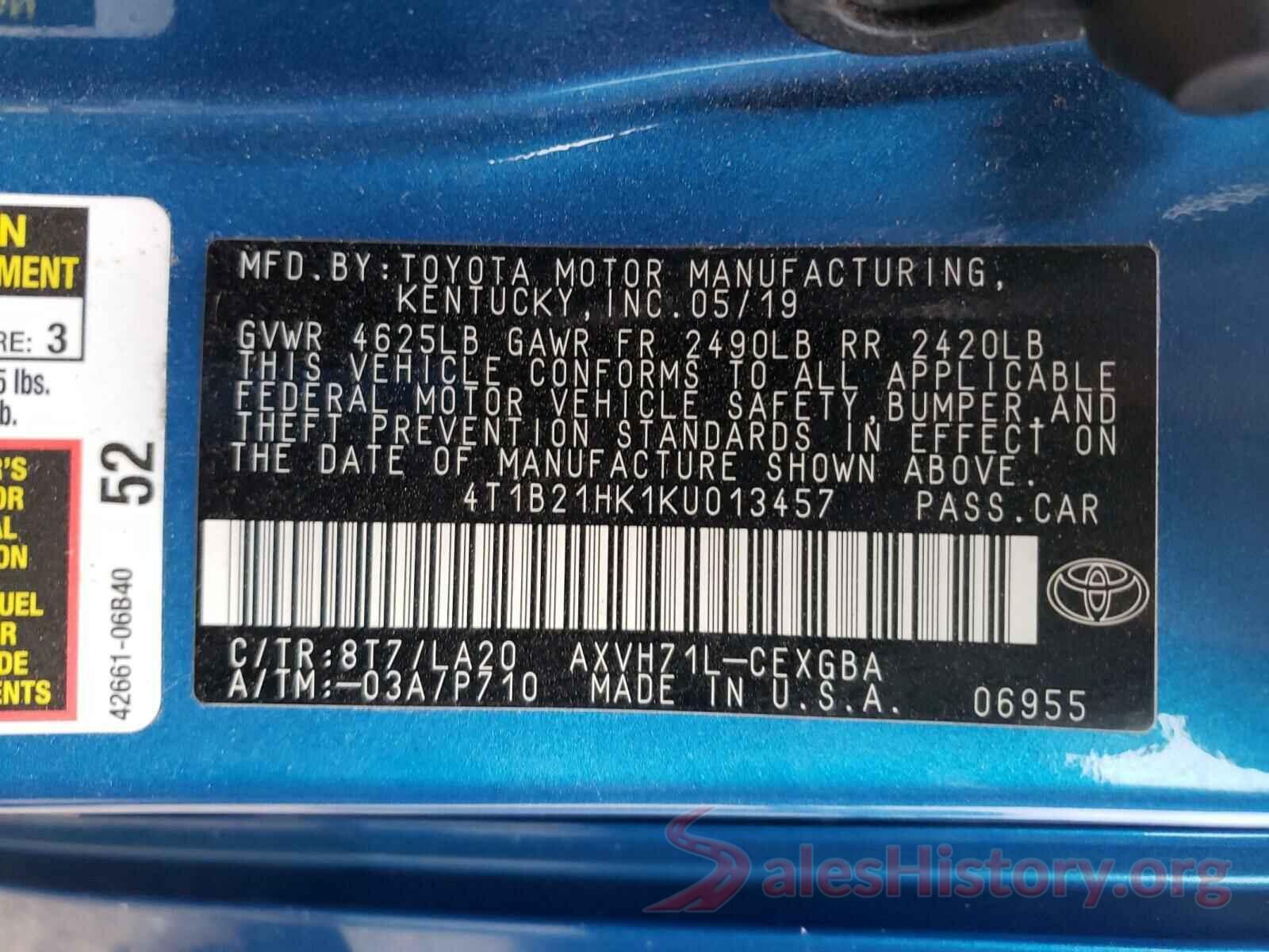 4T1B21HK1KU013457 2019 TOYOTA CAMRY