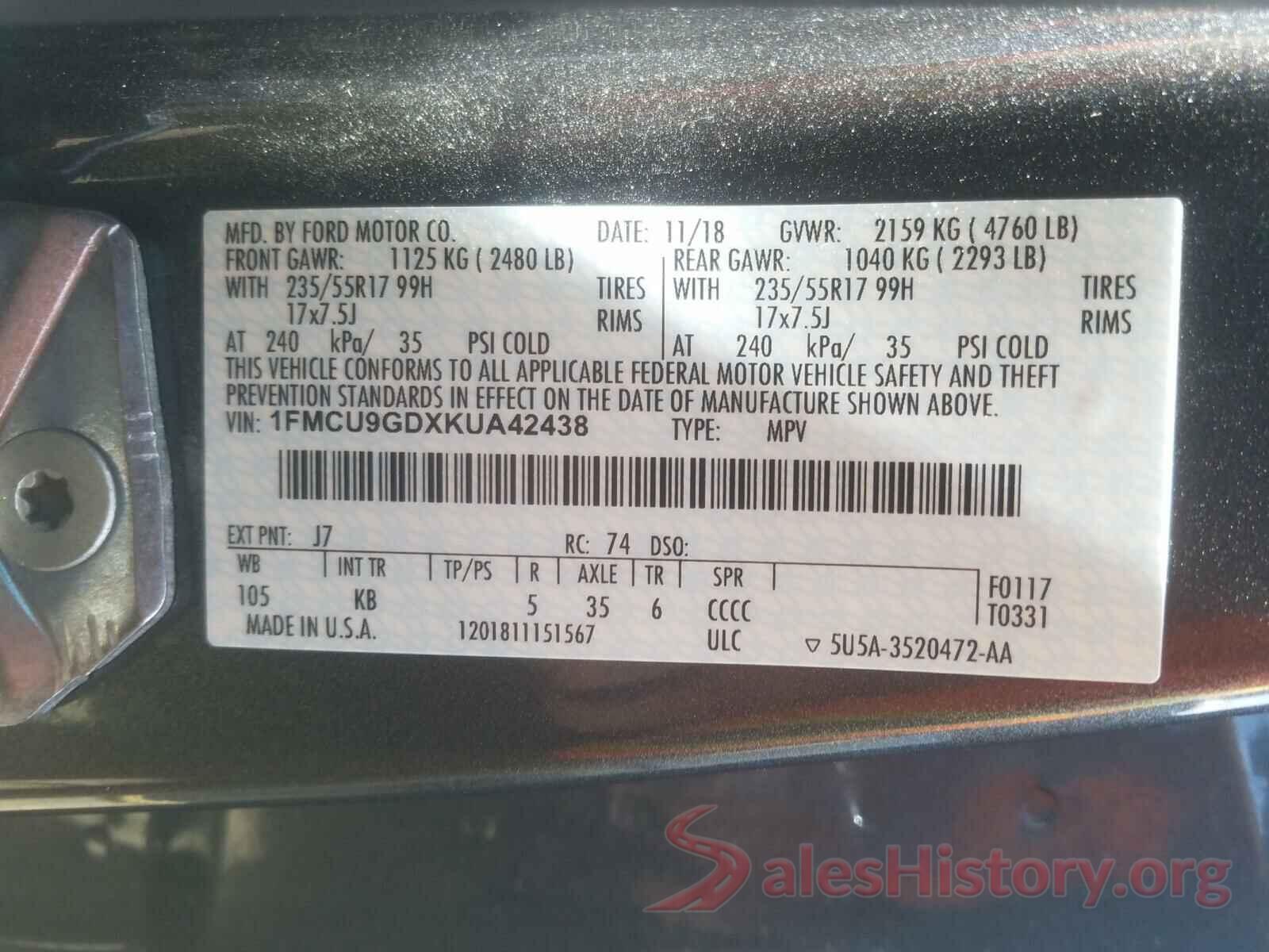 1FMCU9GDXKUA42438 2019 FORD ESCAPE