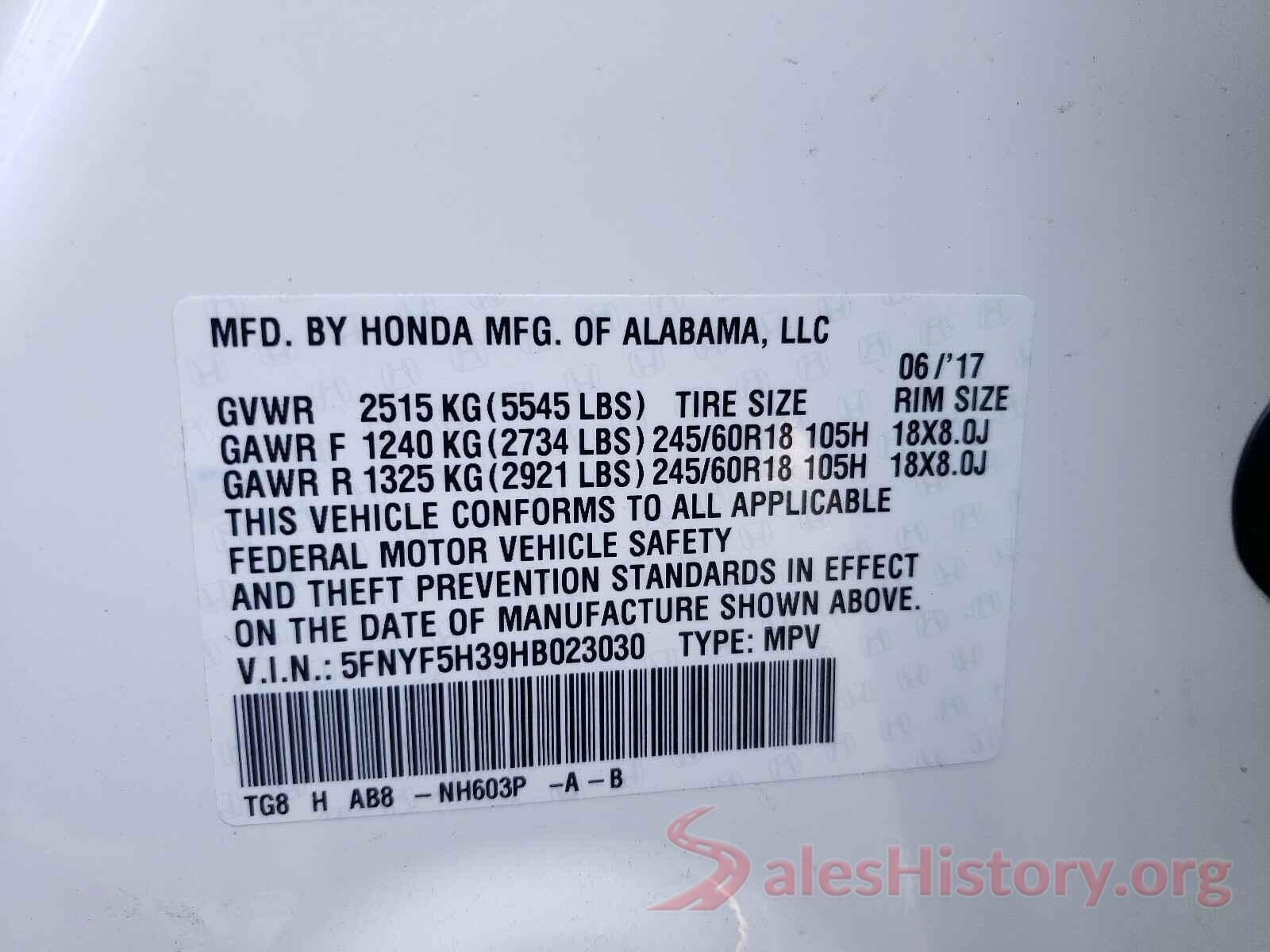 5FNYF5H39HB023030 2017 HONDA PILOT