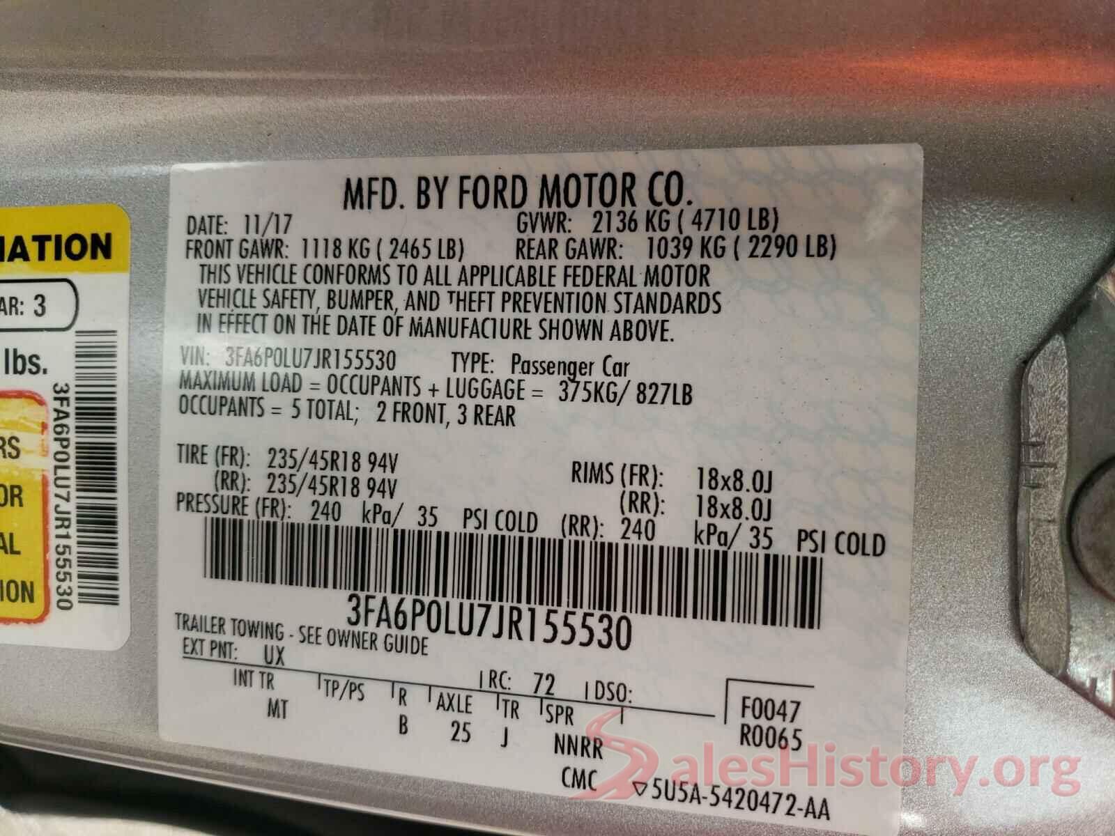 3FA6P0LU7JR155530 2018 FORD FUSION