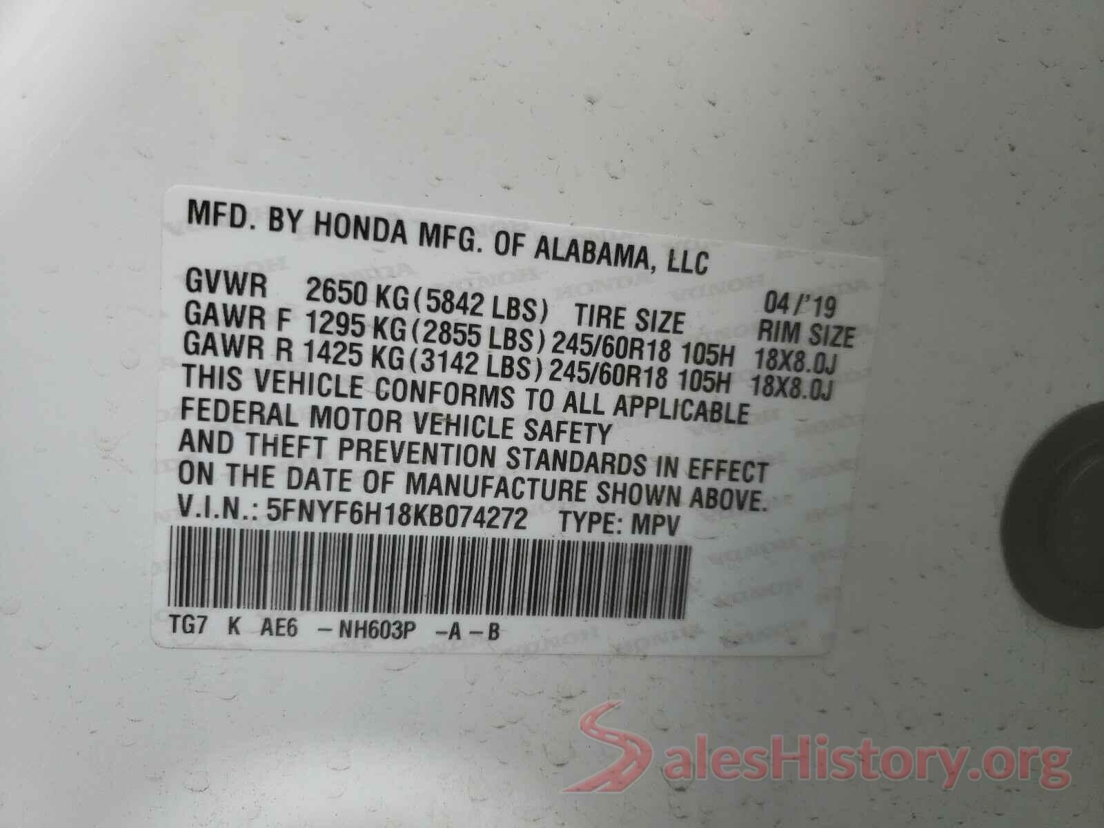 5FNYF6H18KB074272 2019 HONDA PILOT