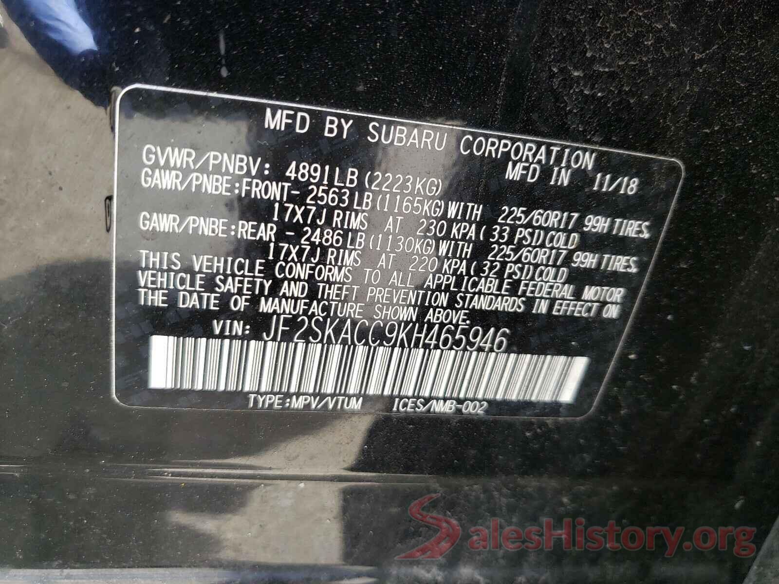 JF2SKACC9KH465946 2019 SUBARU FORESTER