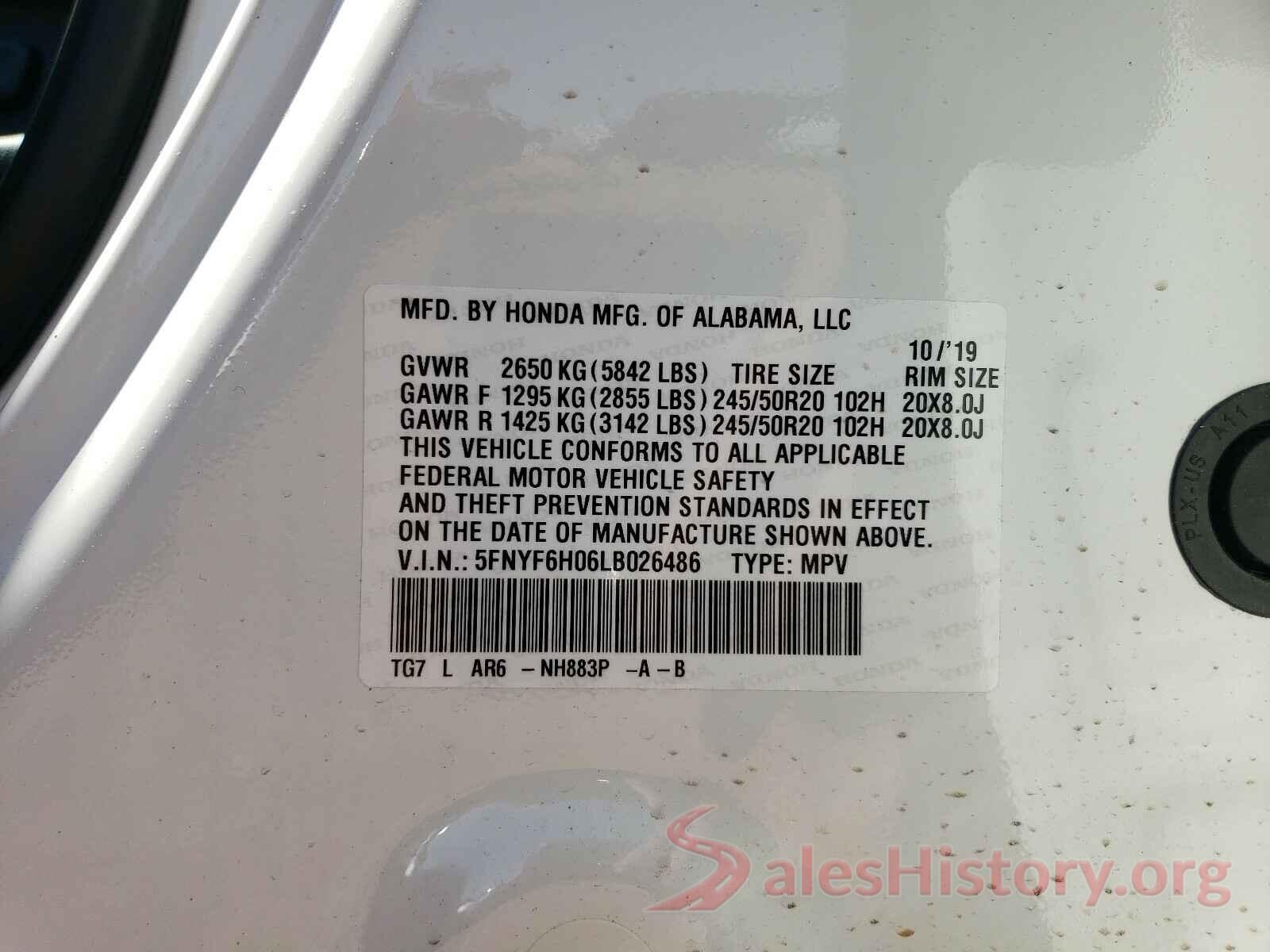 5FNYF6H06LB026486 2020 HONDA PILOT