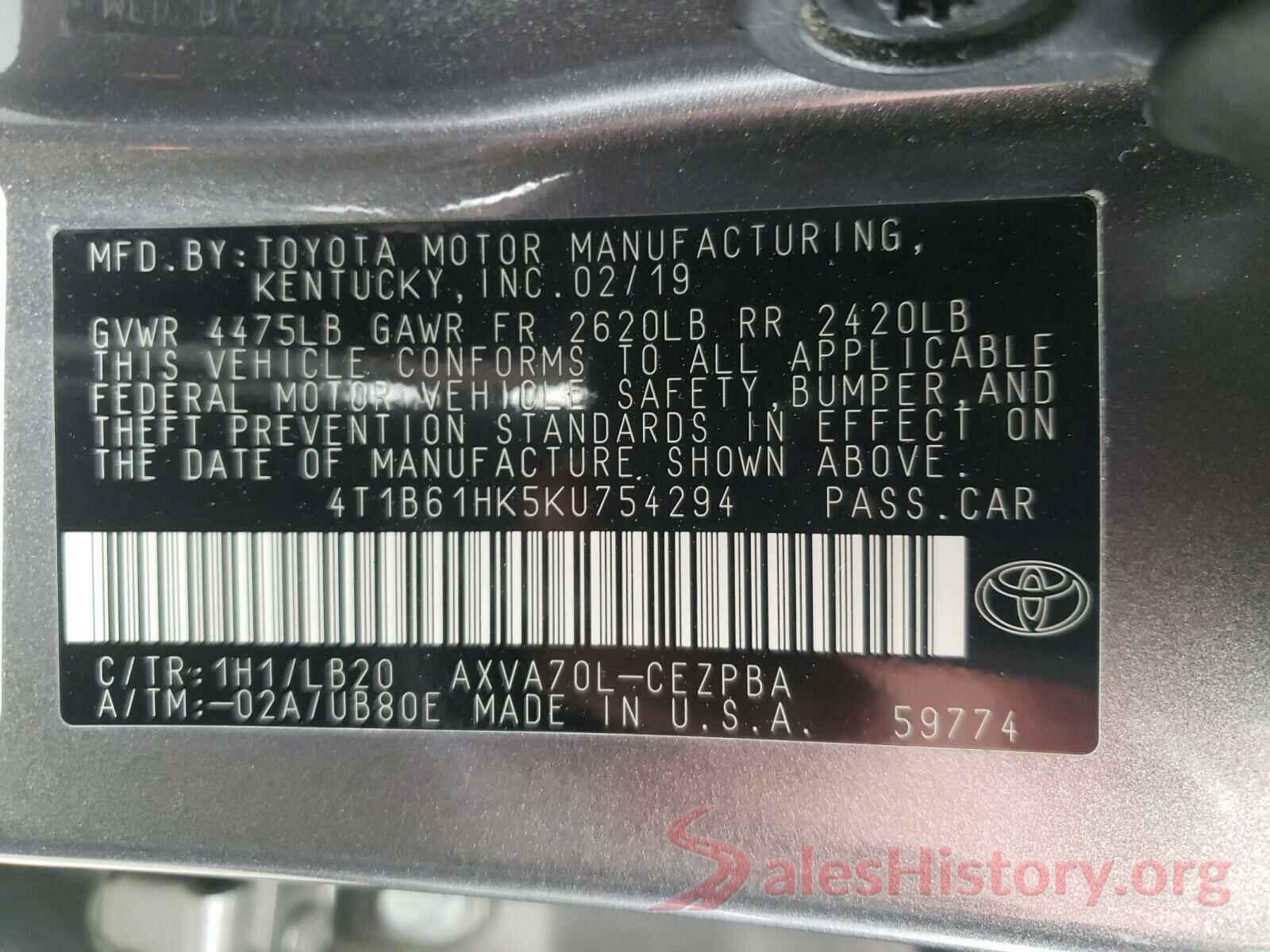 4T1B61HK5KU754294 2019 TOYOTA CAMRY