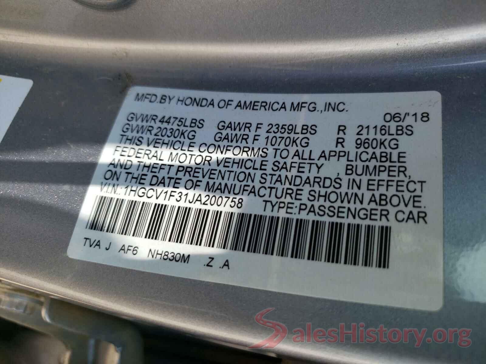 1HGCV1F31JA200758 2018 HONDA ACCORD