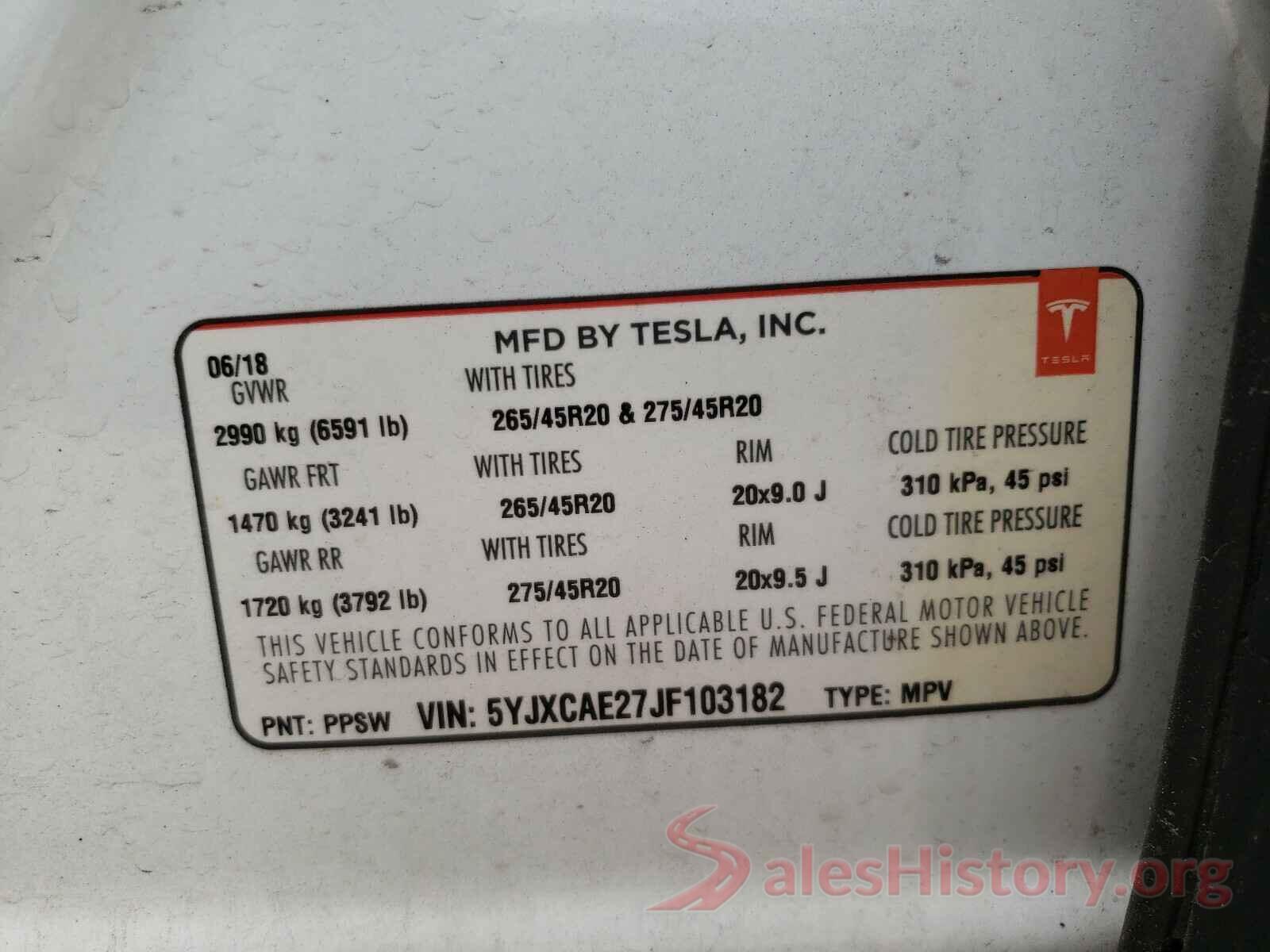 5YJXCAE27JF103182 2018 TESLA MODEL X