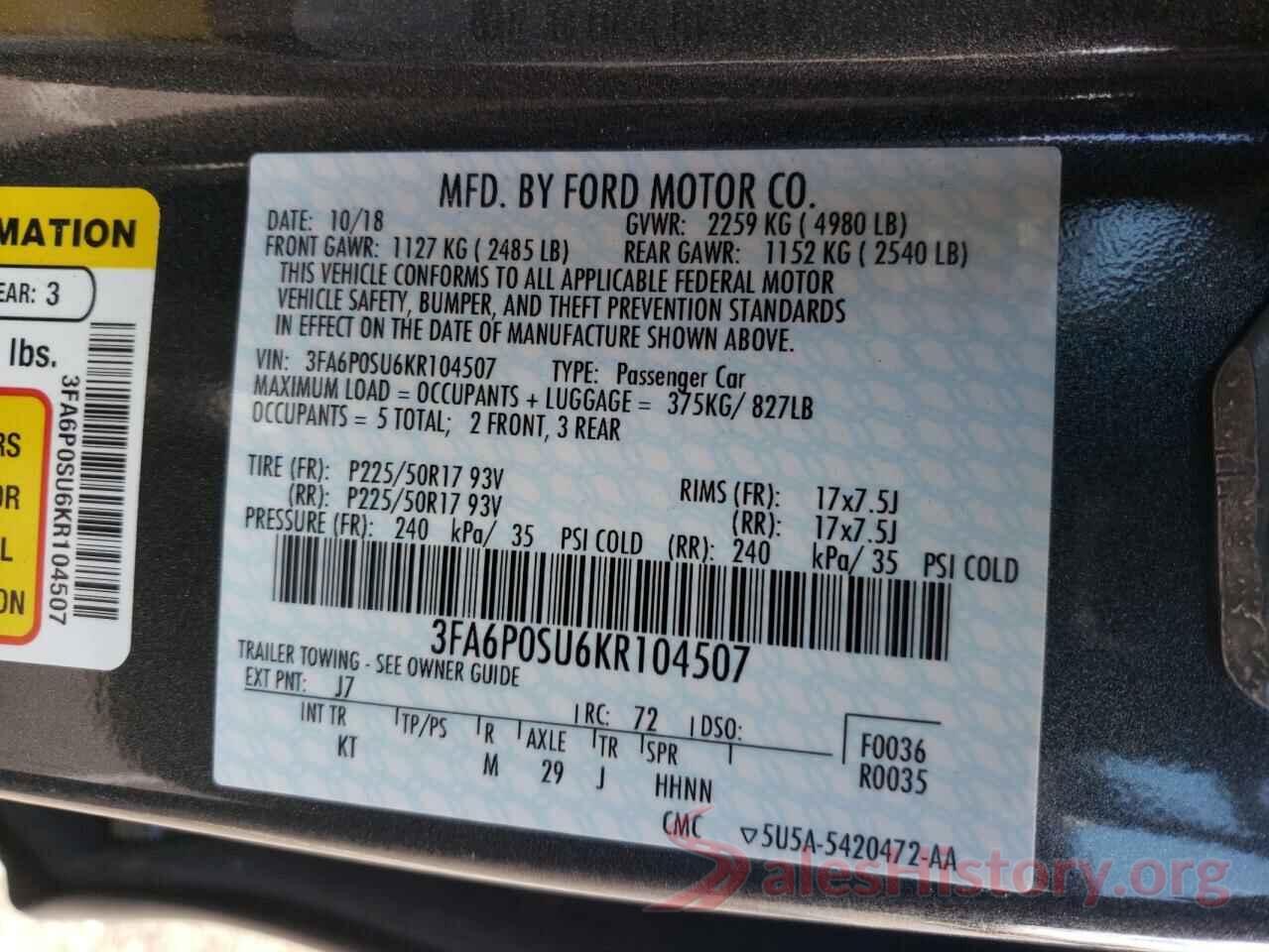 3FA6P0SU6KR104507 2019 FORD FUSION