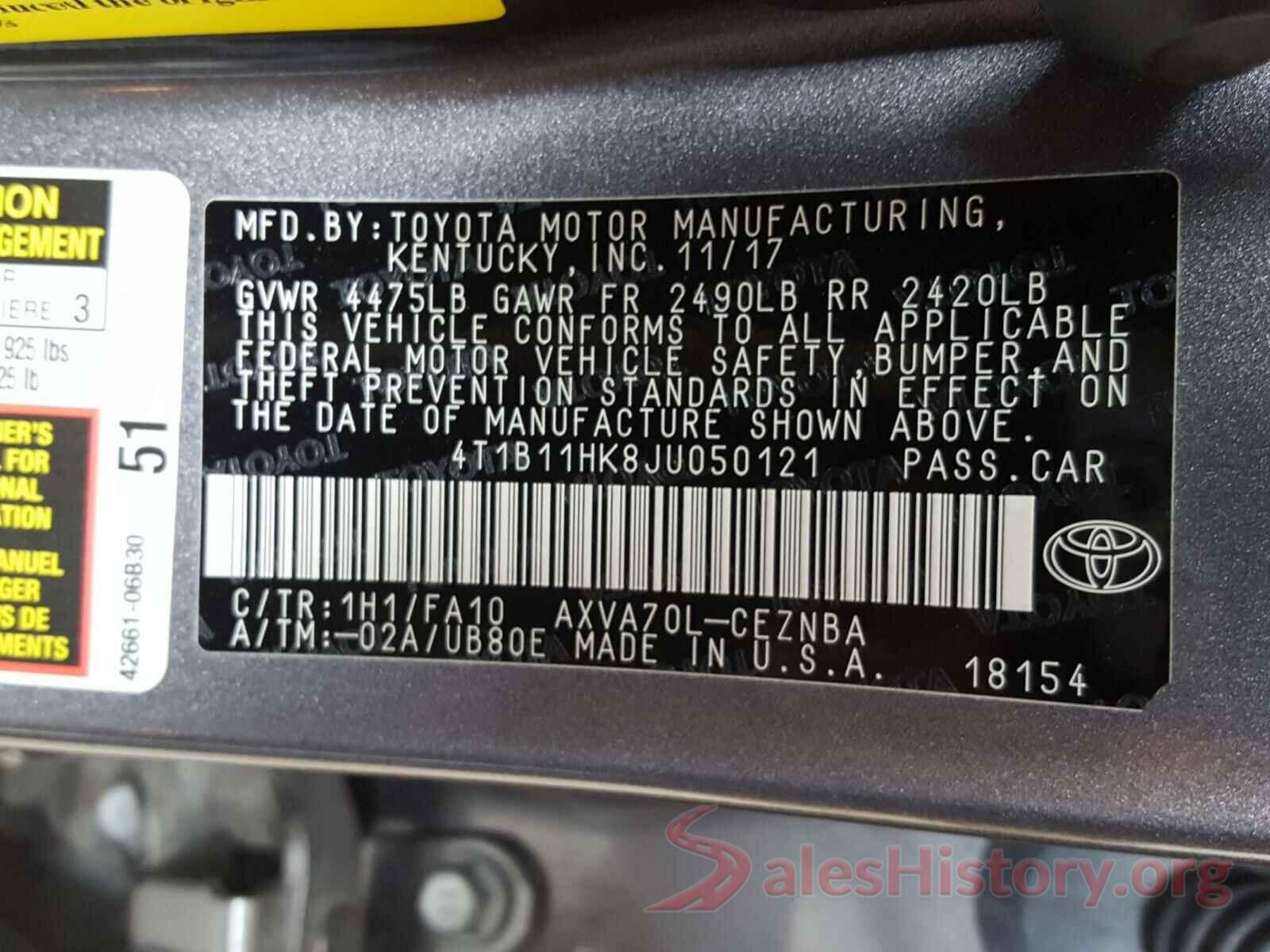 4T1B11HK8JU050121 2018 TOYOTA CAMRY