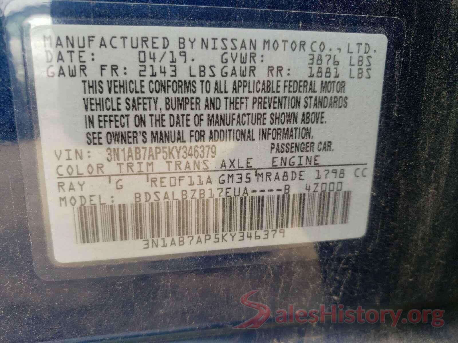 3N1AB7AP5KY346379 2019 NISSAN SENTRA