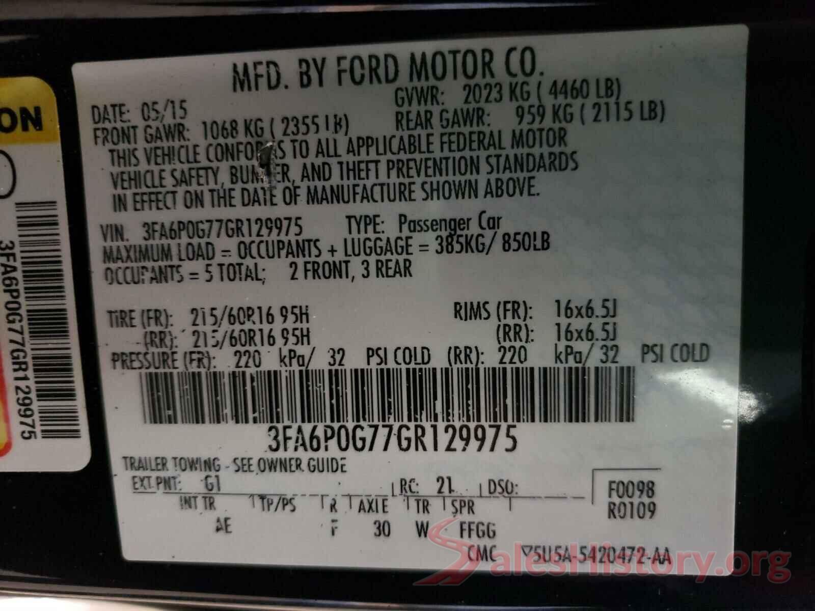 3FA6P0G77GR129975 2016 FORD FUSION