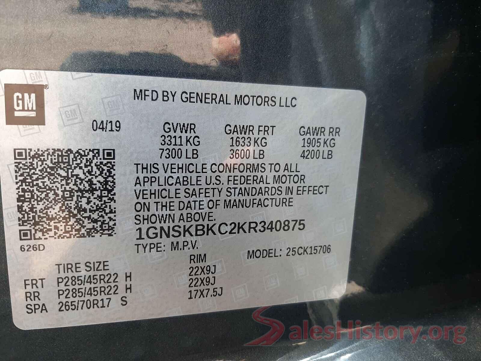 1GNSKBKC2KR340875 2019 CHEVROLET TAHOE