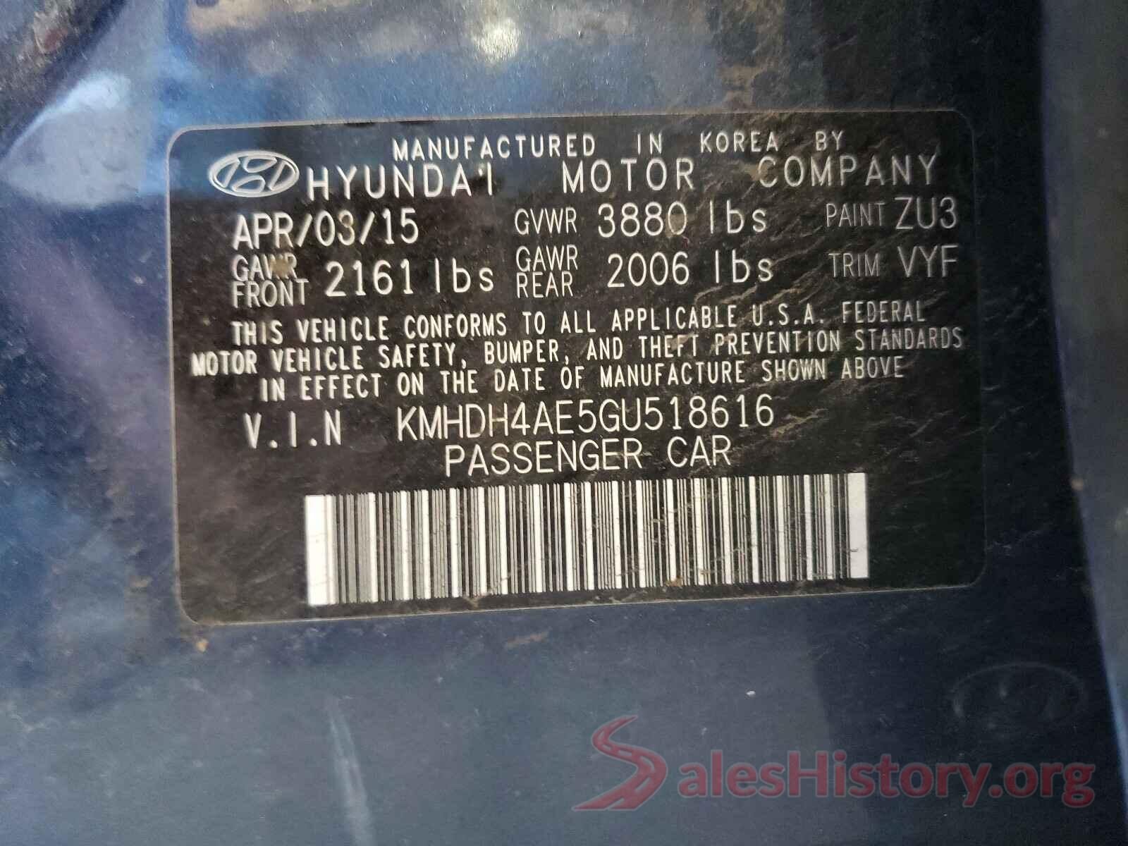 KMHDH4AE5GU518616 2016 HYUNDAI ELANTRA