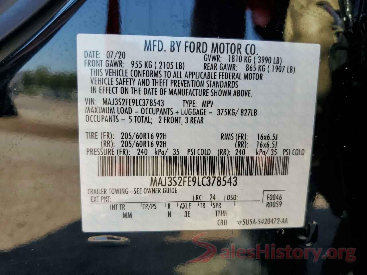 MAJ3S2FE9LC378543 2020 FORD ECOSPORT