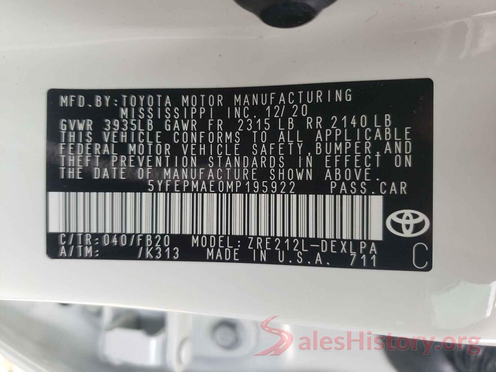 5YFEPMAE0MP195922 2021 TOYOTA COROLLA