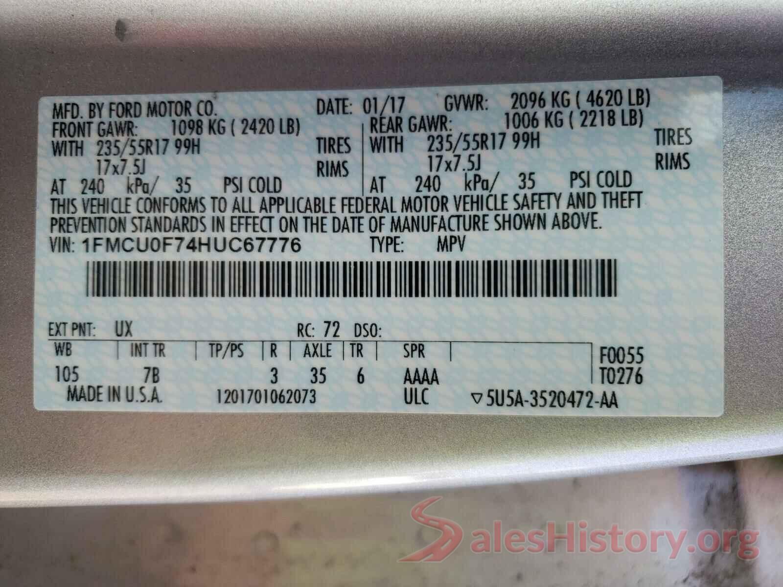 1FMCU0F74HUC67776 2017 FORD ESCAPE