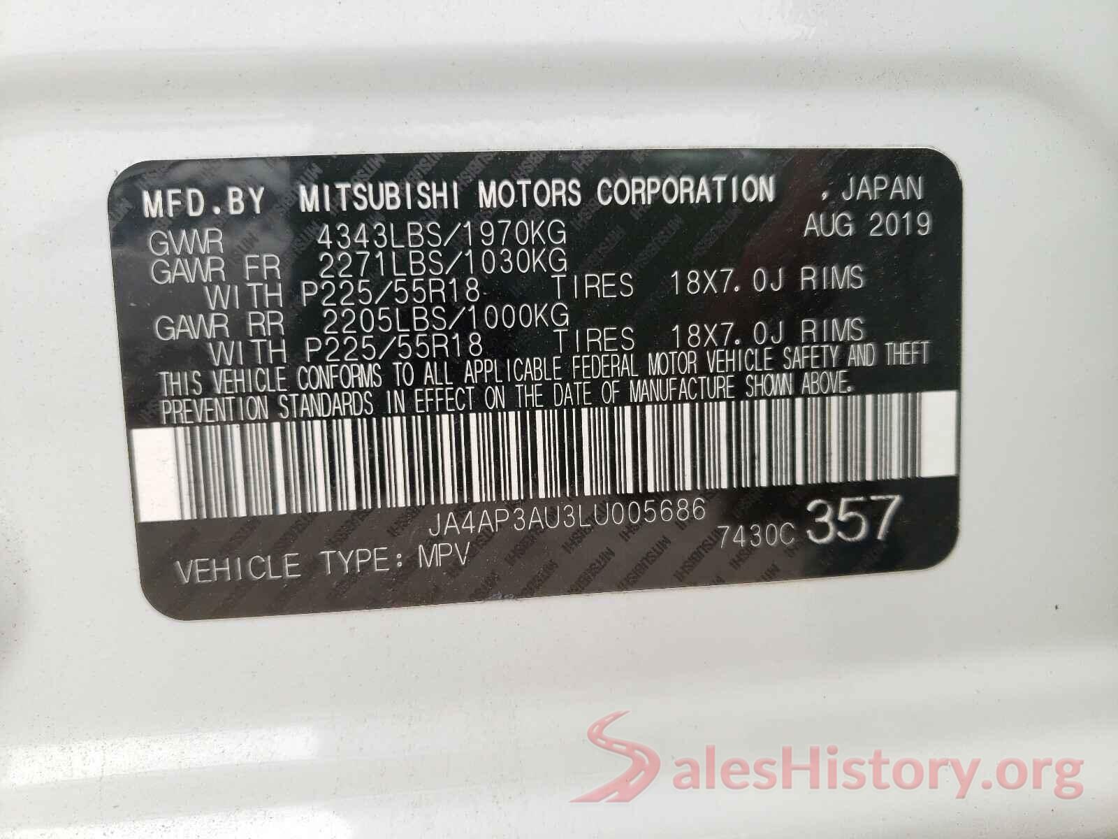 JA4AP3AU3LU005686 2020 MITSUBISHI OUTLANDER