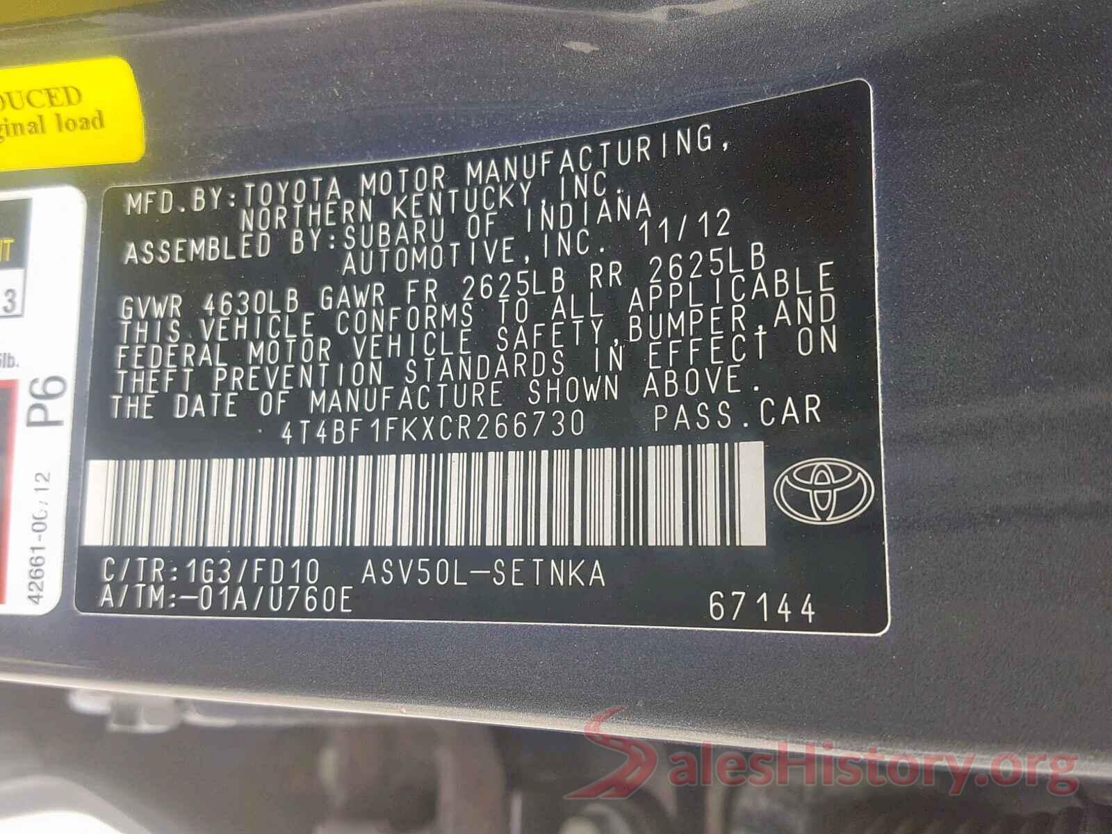 4T4BF1FKXCR266730 2012 TOYOTA CAMRY BASE