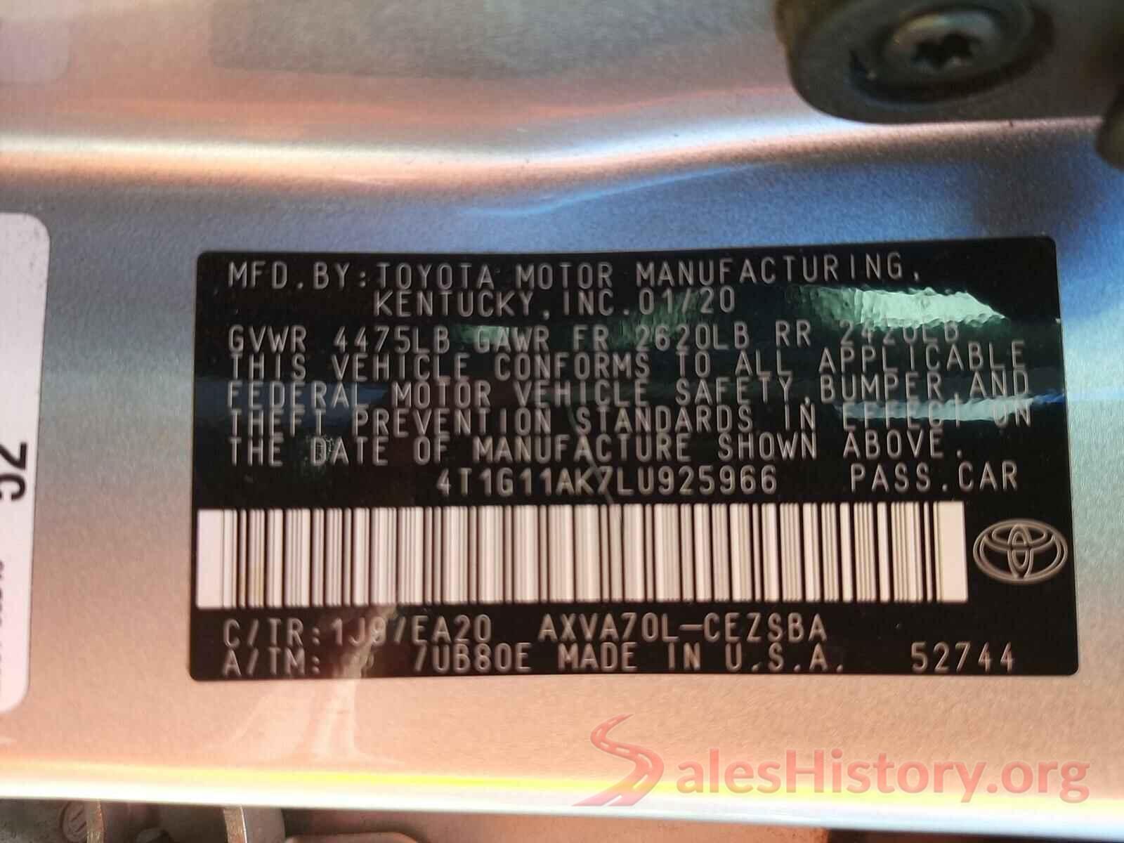 4T1G11AK7LU925966 2020 TOYOTA CAMRY