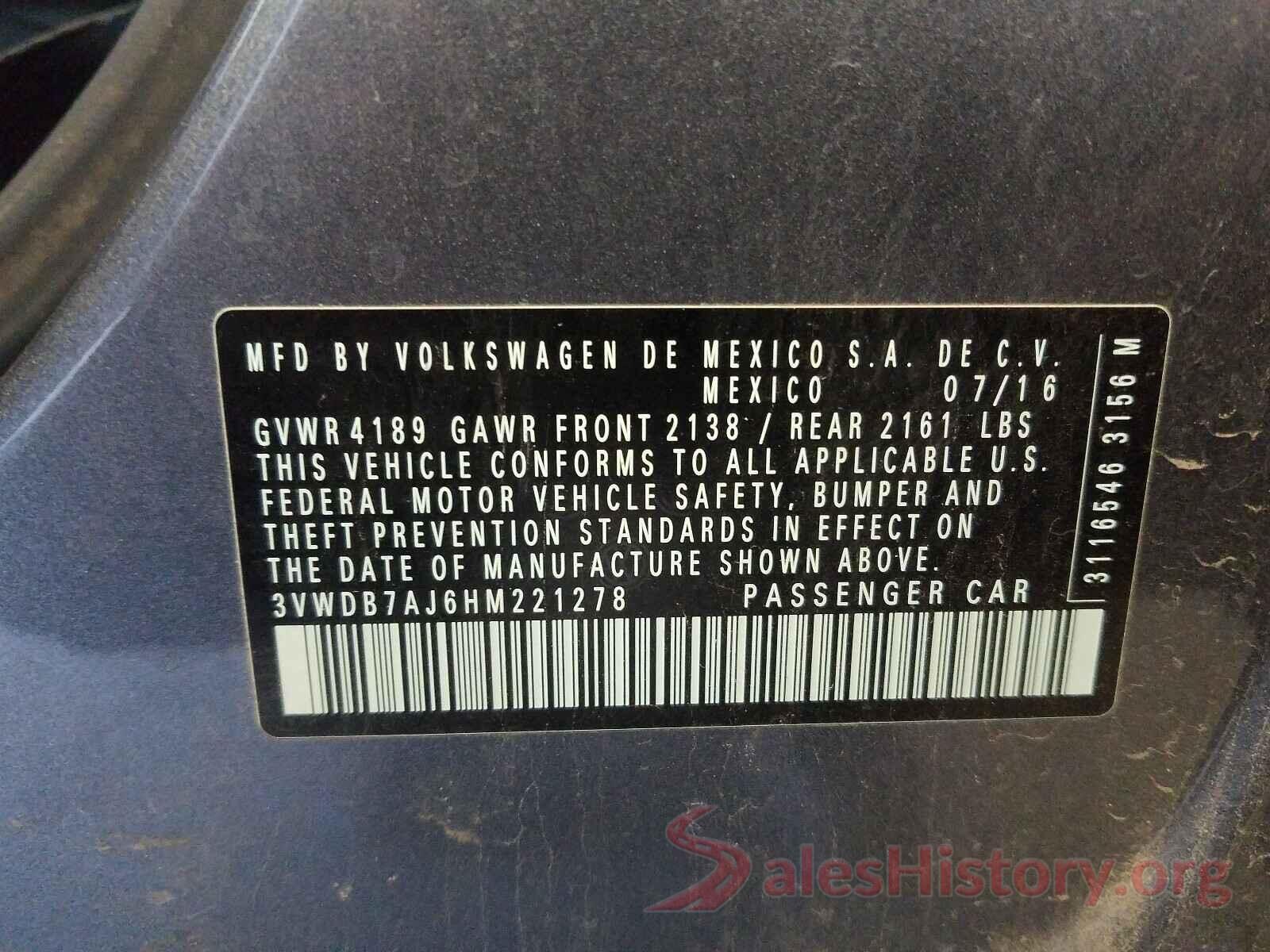 3VWDB7AJ6HM221278 2017 VOLKSWAGEN JETTA