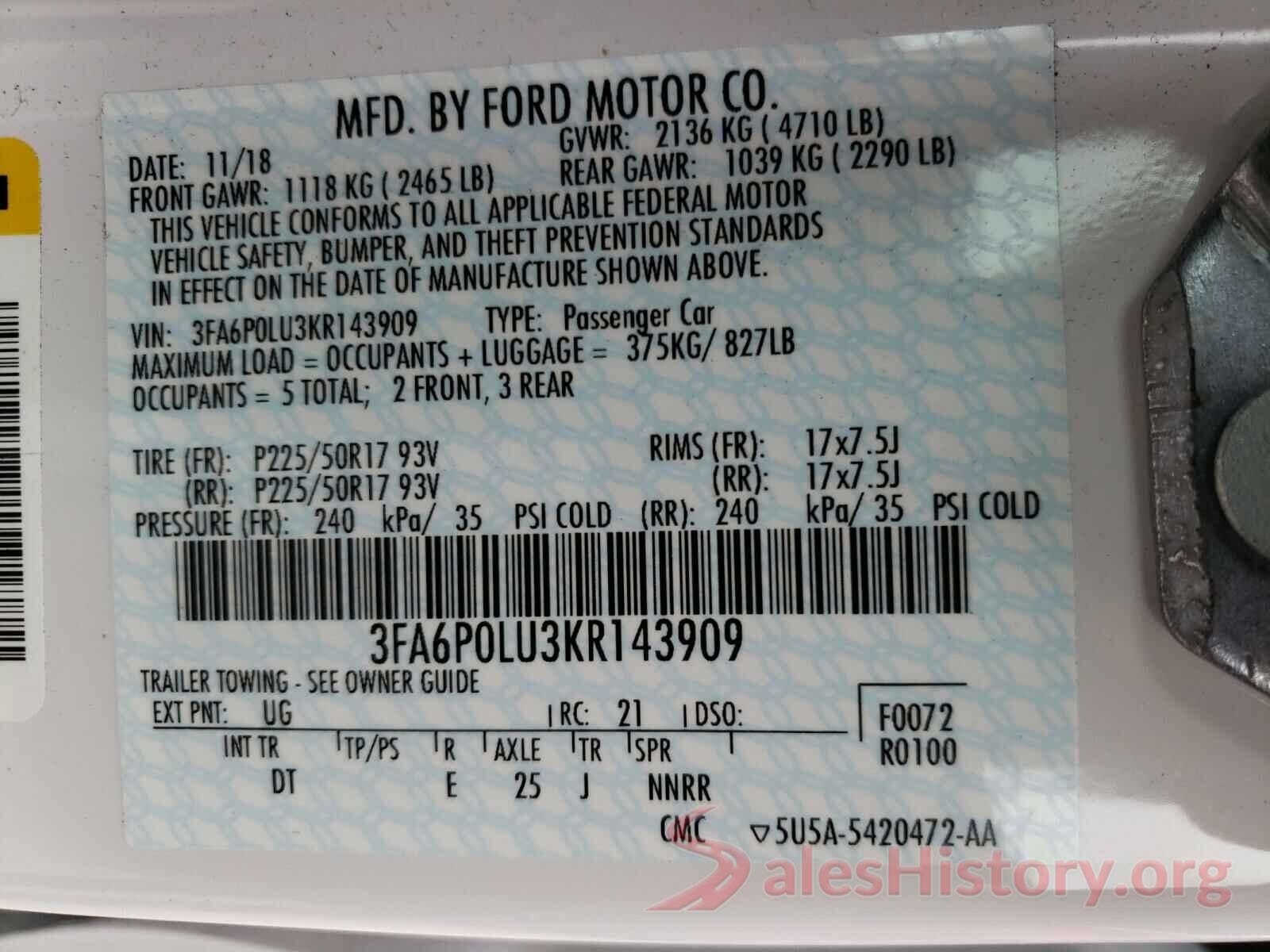 3FA6P0LU3KR143909 2019 FORD FUSION