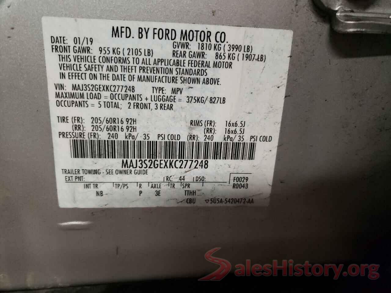 MAJ3S2GEXKC277248 2019 FORD ECOSPORT