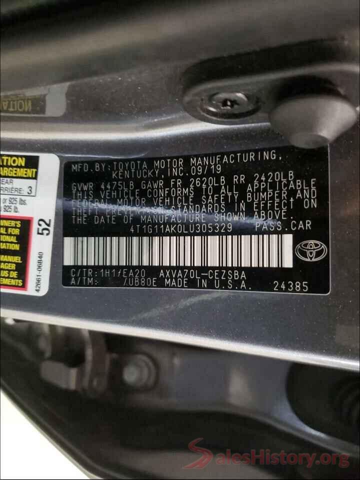 4T1G11AK0LU305329 2020 TOYOTA CAMRY