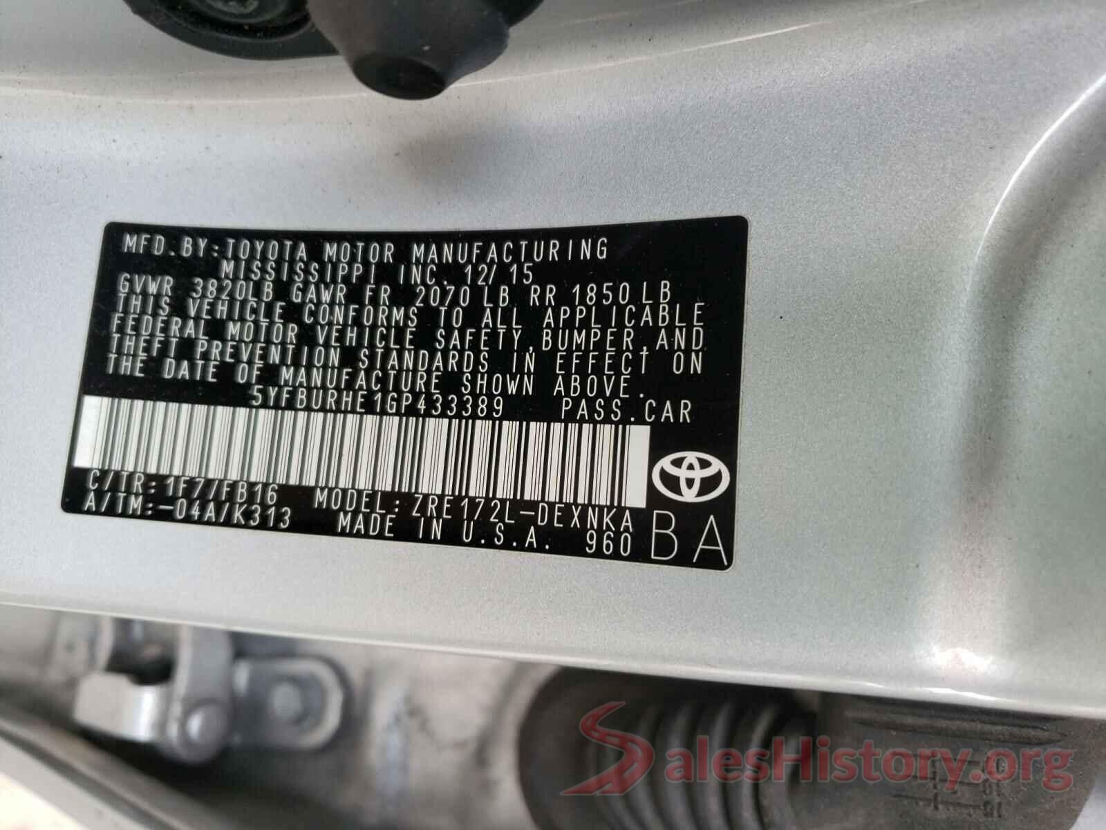 5YFBURHE1GP433389 2016 TOYOTA COROLLA