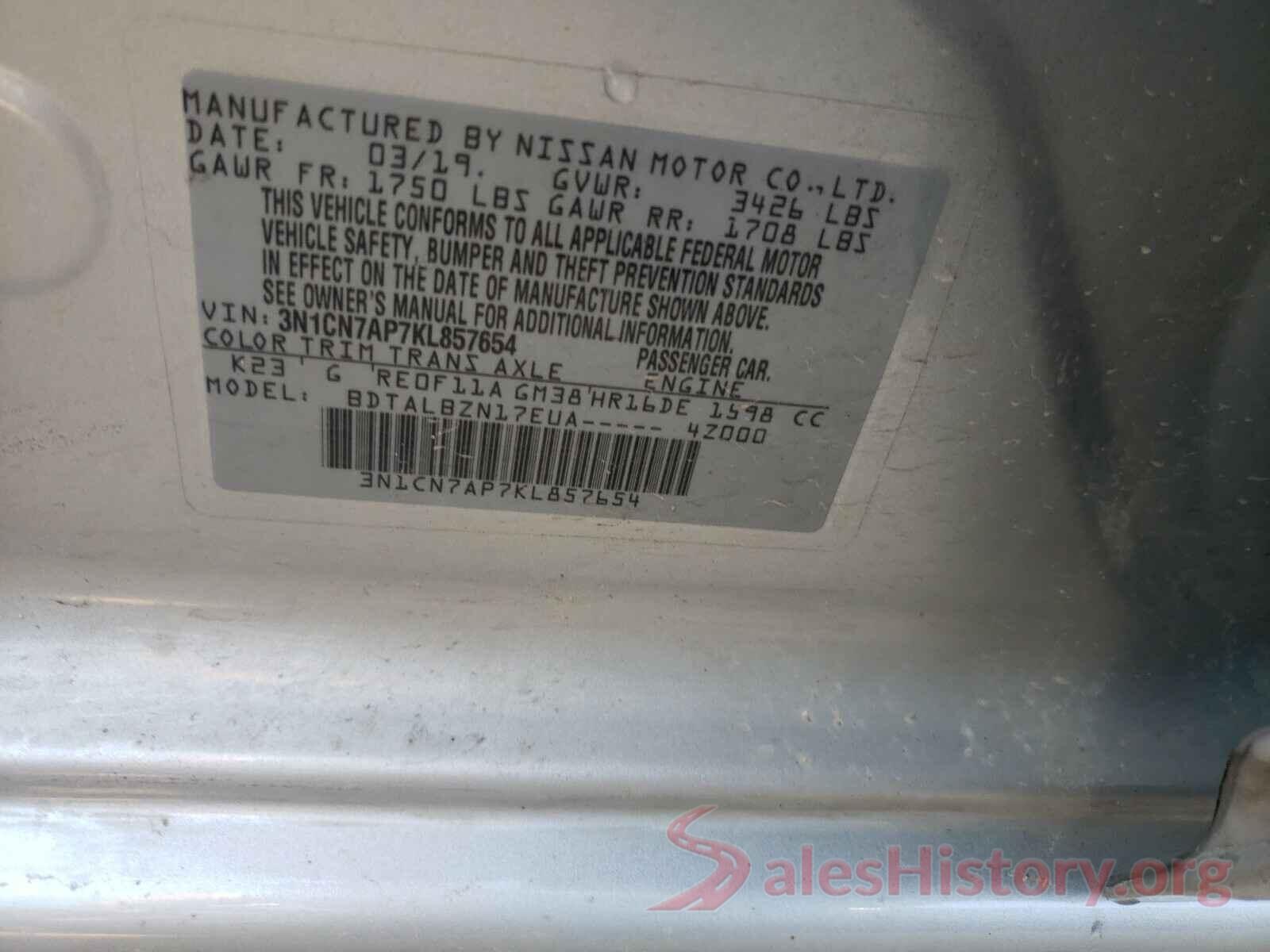 3N1CN7AP7KL857654 2019 NISSAN VERSA