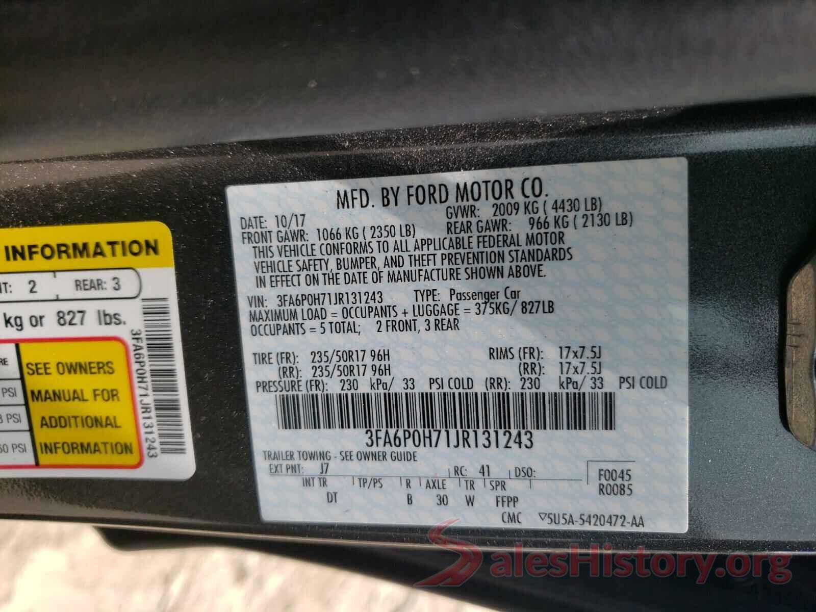 3FA6P0H71JR131243 2018 FORD FUSION