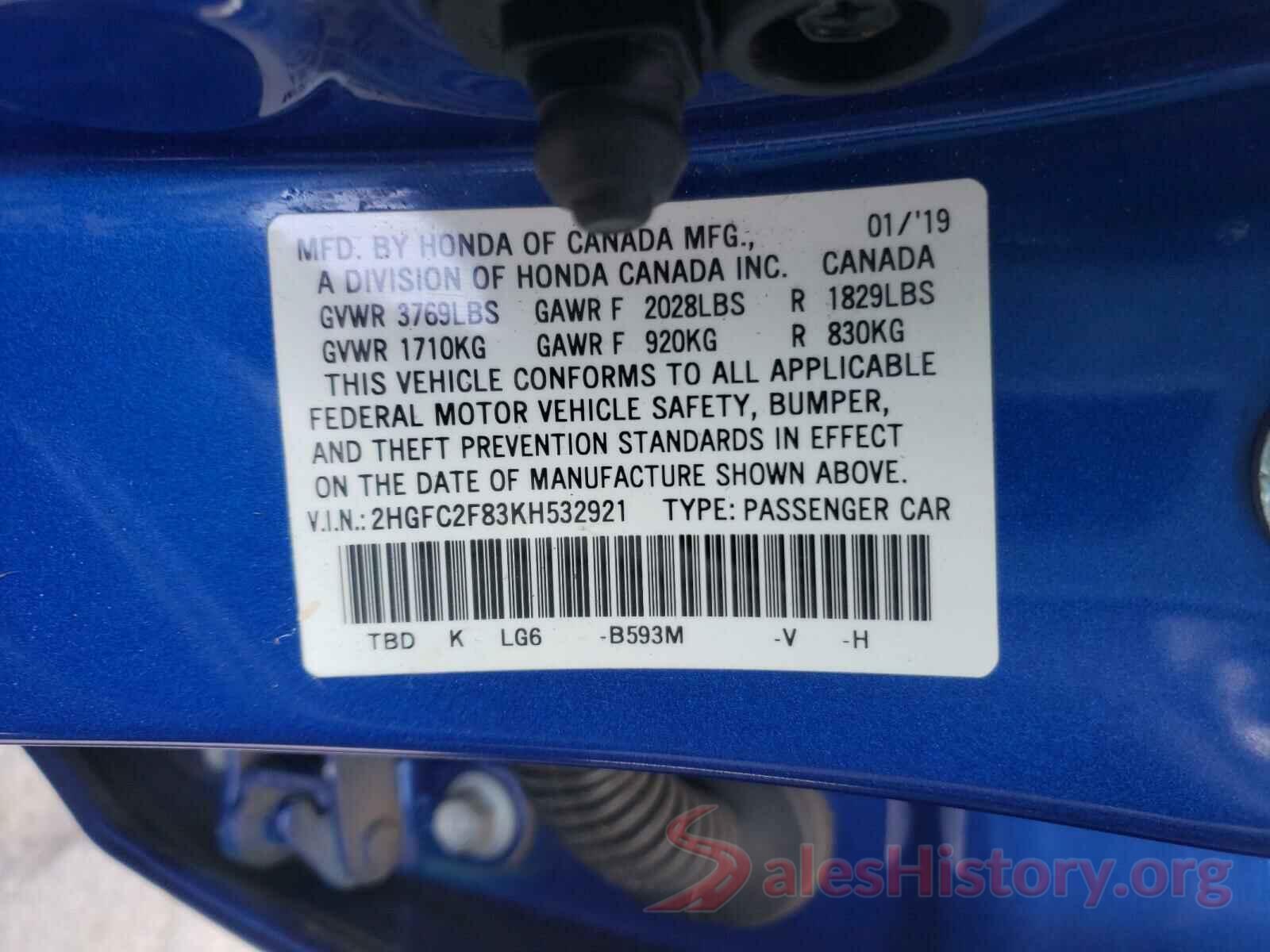 2HGFC2F83KH532921 2019 HONDA CIVIC