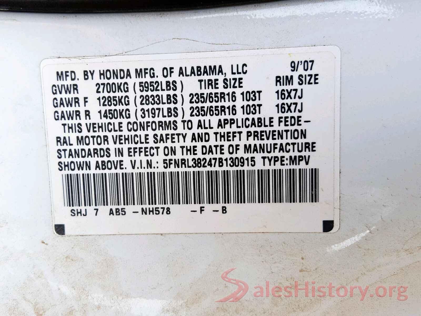 5FNRL38247B130915 2007 HONDA ODYSSEY LX