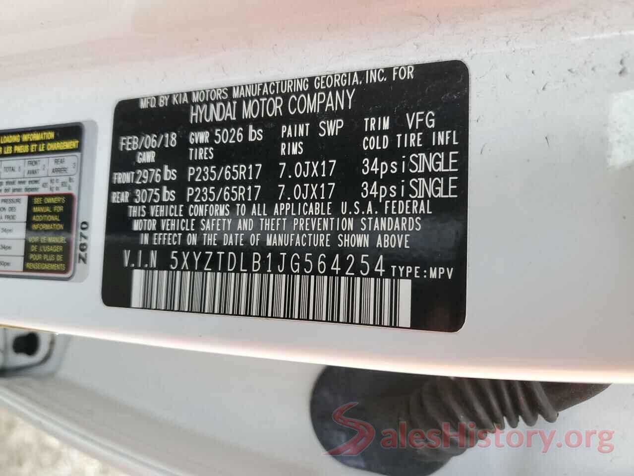 5XYZTDLB1JG564254 2018 HYUNDAI SANTA FE