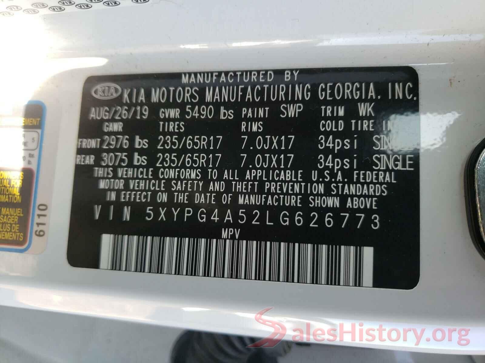 5XYPG4A52LG626773 2020 KIA SORENTO