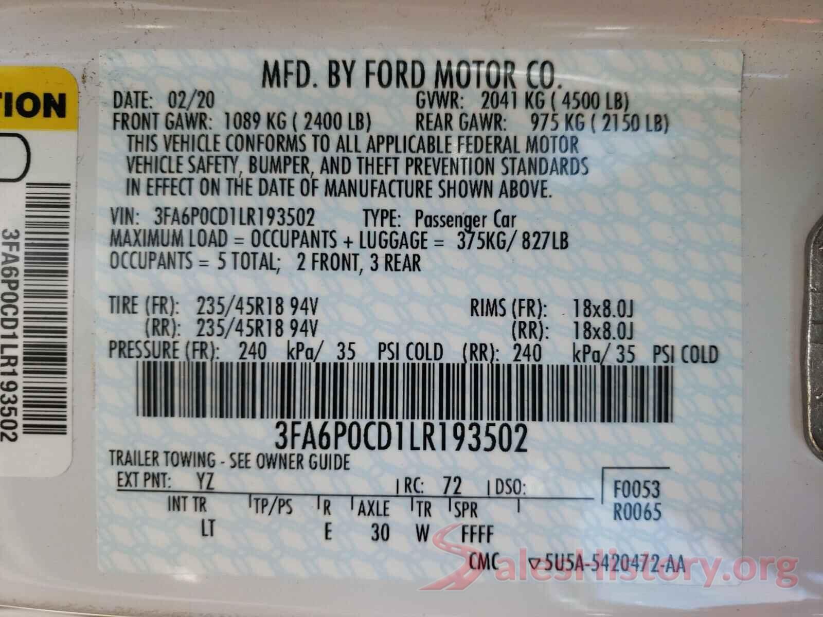 3FA6P0CD1LR193502 2020 FORD FUSION