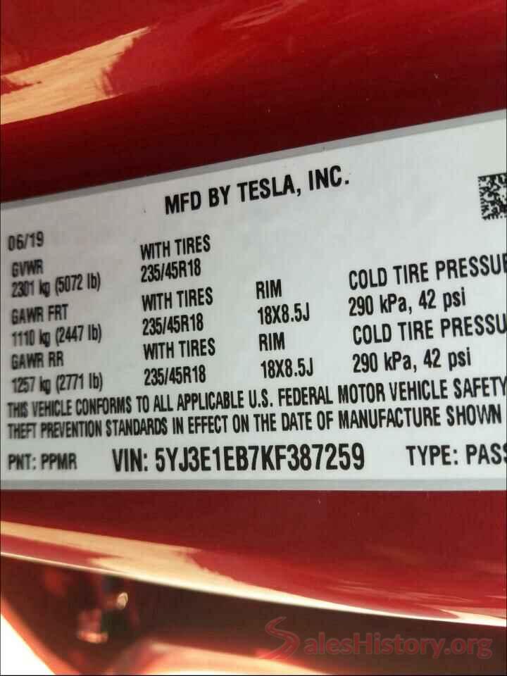 5YJ3E1EB7KF387259 2019 TESLA MODEL 3